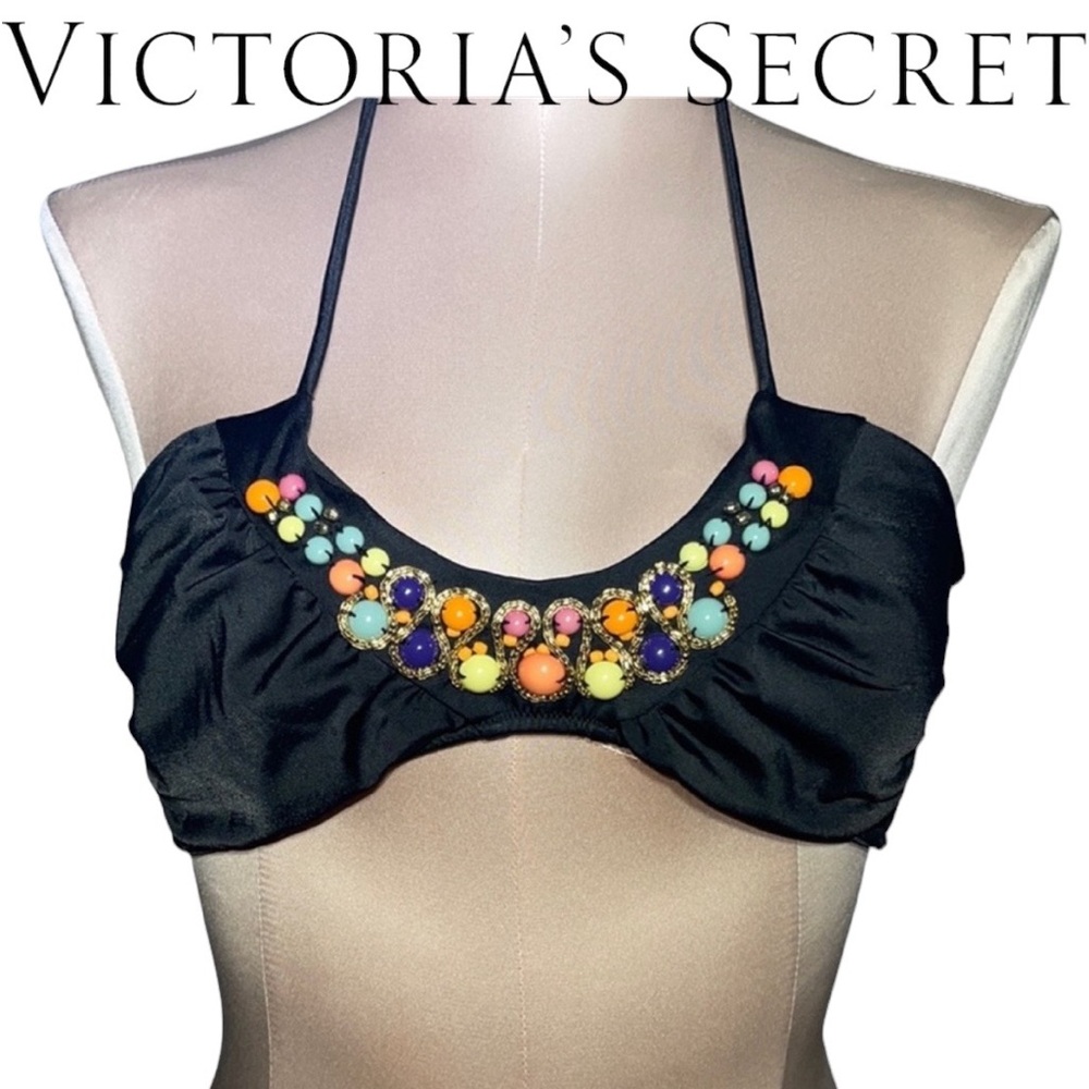 Victoria’s Secret black bikini top. Embellished with colorful marbles. Size L.